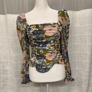 ASTR The Label Floral Ruched Puff Sleeve Top XS Multicolor Square Neck Blouse